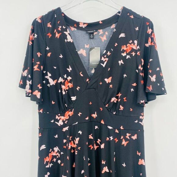 NWT Torrid Size 0X Black & Pink V Neck Flutter Sleeve Butterfly Midi Dress - Picture 3 of 9